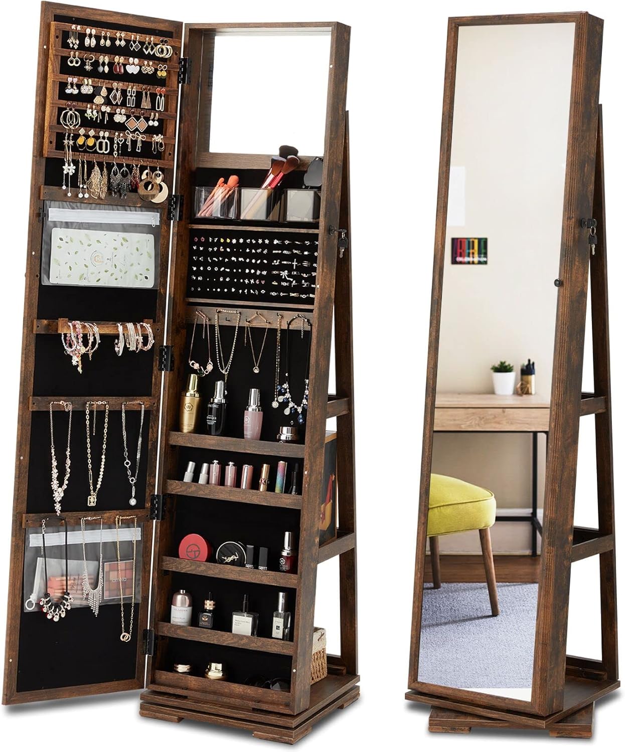 ACIPENSER 360° Rotating Jewelry Standing, Full Length Mirror Jewelry Organizer