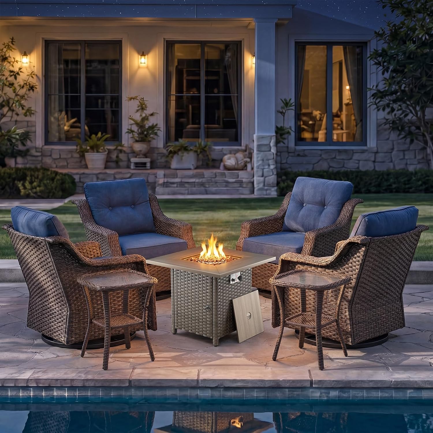 Belord Luxury Patio Furniture Set with Fire Pit Table - Outdoor Swivel Rocker Chairs Set of 4 with 30 inch Propane Fire Table for Patio Conversation and Cozy Outdoor Gatherings