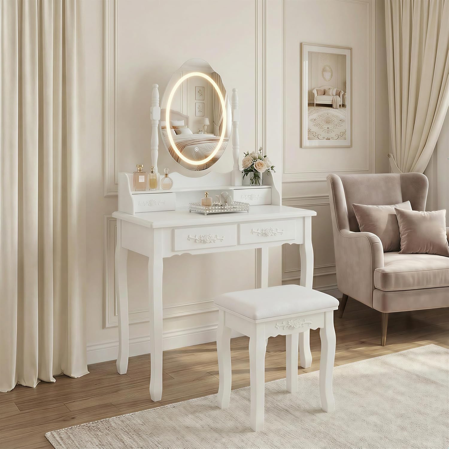 ZenithX White Princess Vanity Desk Set with Lighted Mirror & Cushioned Stool - 4-Drawer Wooden Dressing Table for Girls’ Bedroom, Makeup Storage Vanity