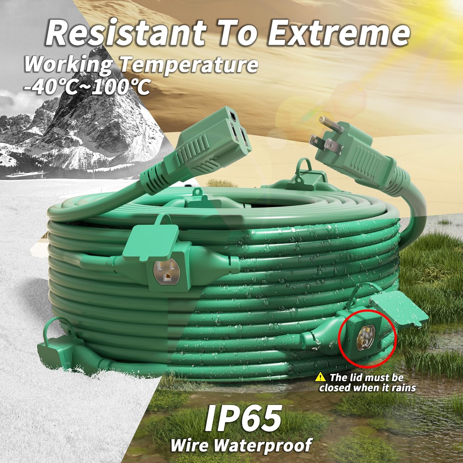 50 FT Green Outdoor Extension Cord with Multiple Outlets, 16/3 Gauge Outdoor Green Extension Cord Evenly Spaced 6 Outlets Plugs Waterproof, 13AMP 1625W 125V 16AWG SJTW, ETL Listed