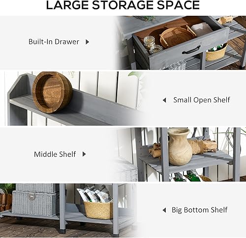 Miniatura 4 de Outsunny Mesa de banco para macetas, incluye estación de fregadero extraíble para exteriores con gancho de manguera, estación de trabajo de madera