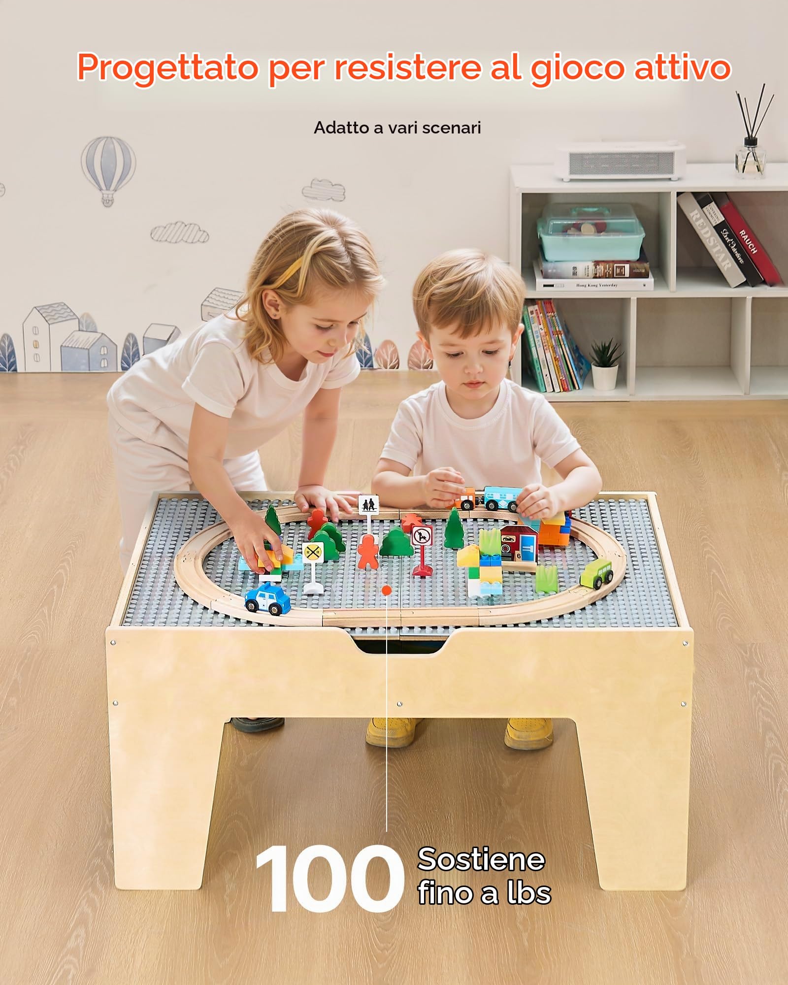 VEVOR Tavolo Ferroviario con Treni Binari Giocattolo, 290 Mattoncini da Costruzione e Set di Treni in Legno da 30 Pezzi, Tavolo da Gioco Multiuso in Legno, con Area di Stoccaggio per Bambini