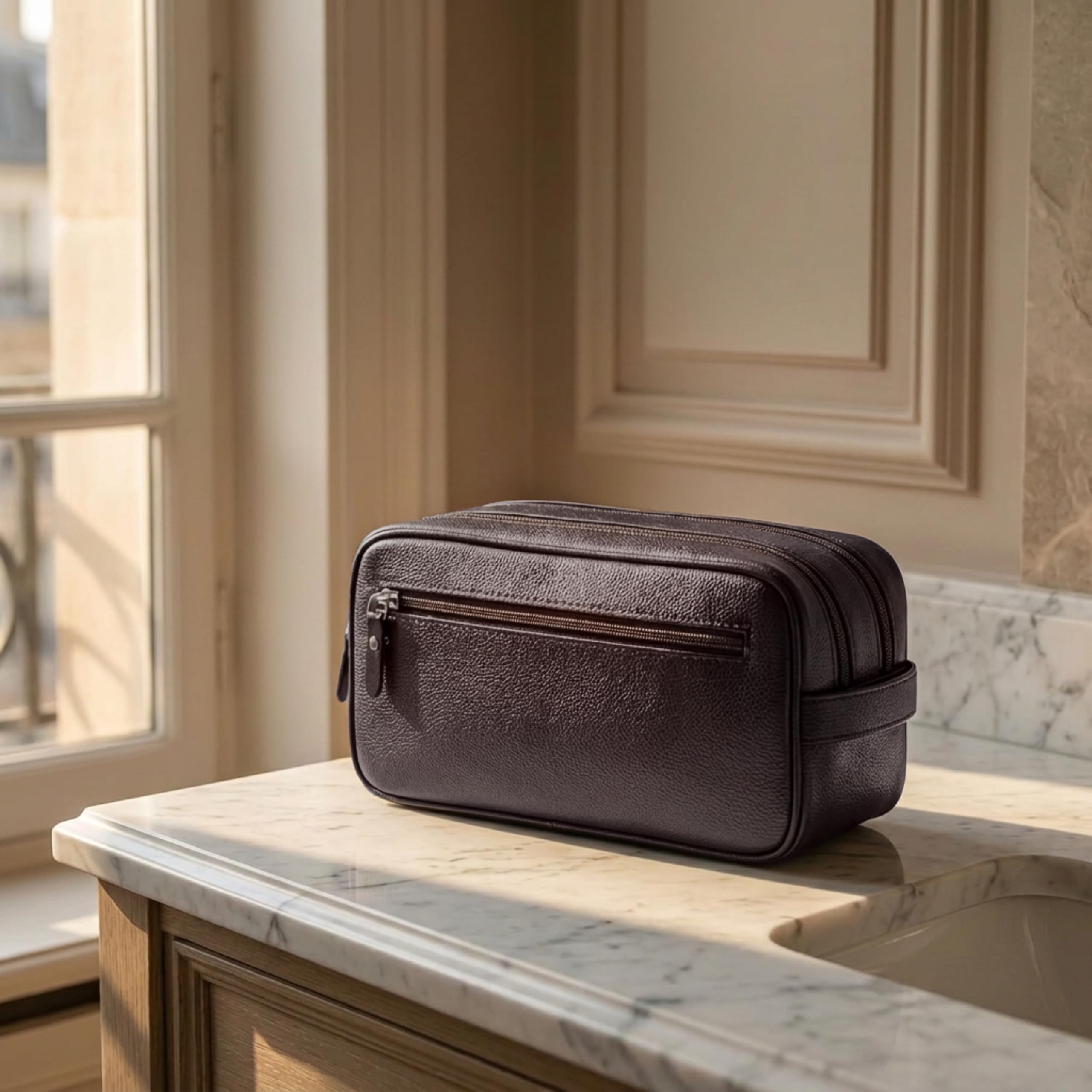 Orneli Neceser de Viaje de Cuero Vacuno de Plena Flor - Doble Compartimento - Neceser de Viaje para Hombre y Mujer - Diseño Parisino - Cuero Auténtico