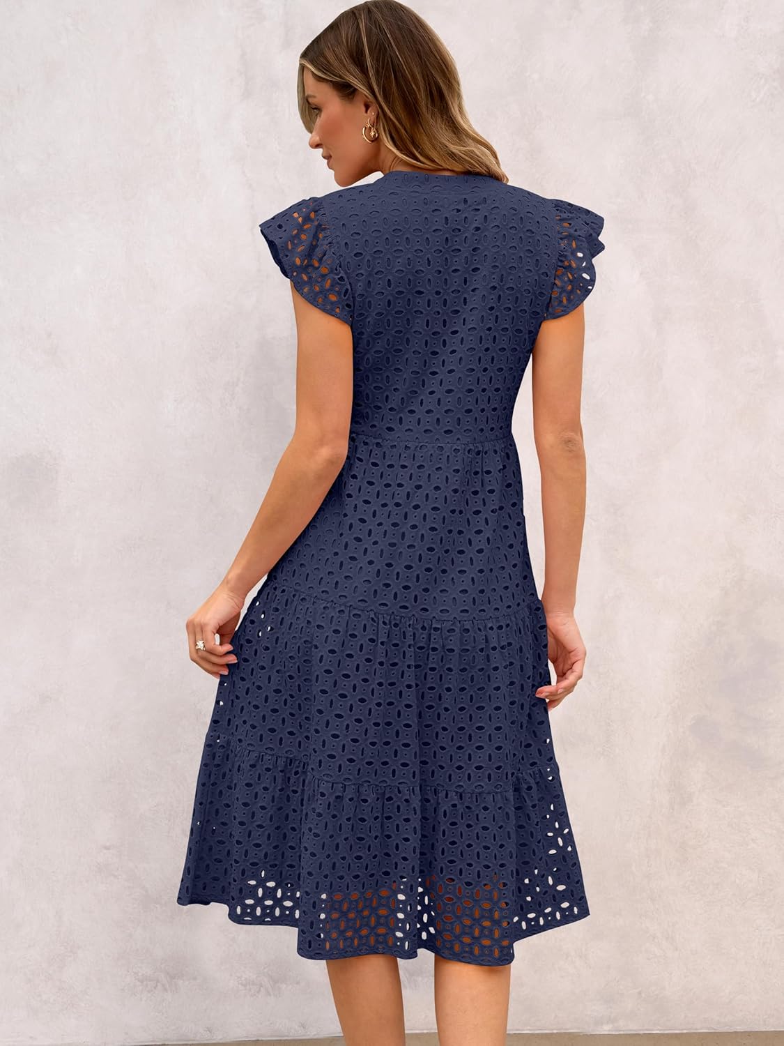 ANRABESS Womens 2026 Summer Midi Dress Hollow Out Eyelet Ruffle Sleeve V Neck Casual Flowy Tiered Beach Vacation Sundress - Image 6