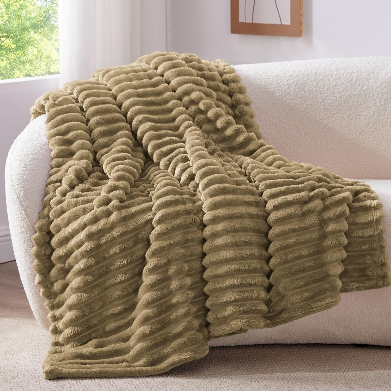 BEDELITE Fluffy Fleece Throw Blanket, Striped Decorative Soft Warm Gift for Sofa Bed Couch, Queen Size, Brown — image 1