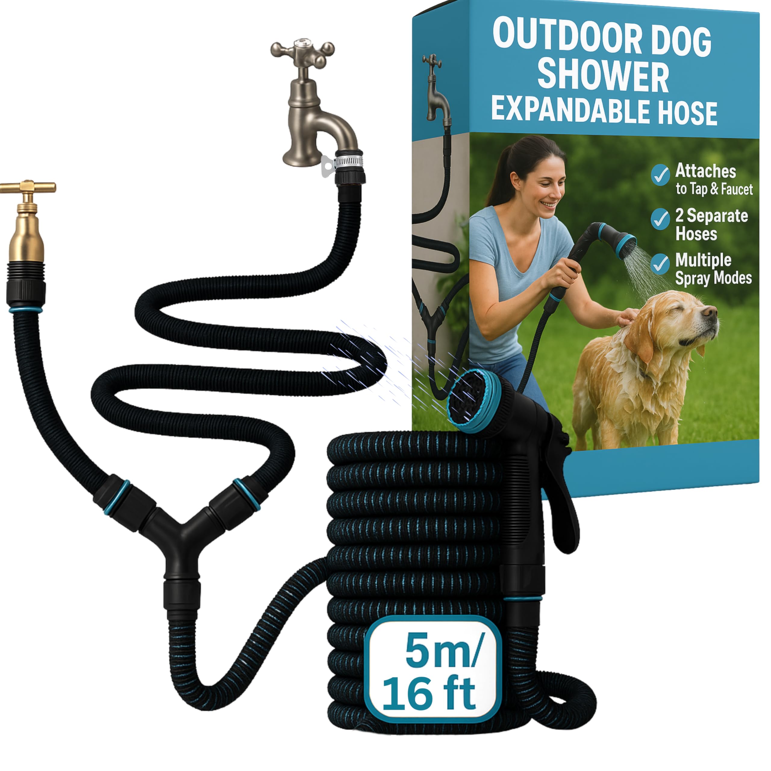 Kit de douche d'extérieur pour chien (14 pièces) – Tuyau d'arrosage extensible 2 en 1 pour robinet de cuisine chaud et froid, tuyau d'arrosage et pulvérisateur extensible pour chien boueux