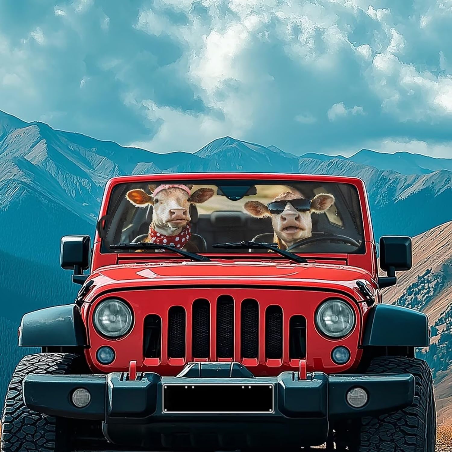 Funny Cow Windshield Sun Shade Compatible with Jeep Wrangler JK JKU JL JLU 1997-2023 & Jeep Gladiator JT 2020-2023 16.5"x52.5" Folding Front Window Sun Shade for Car Accessories