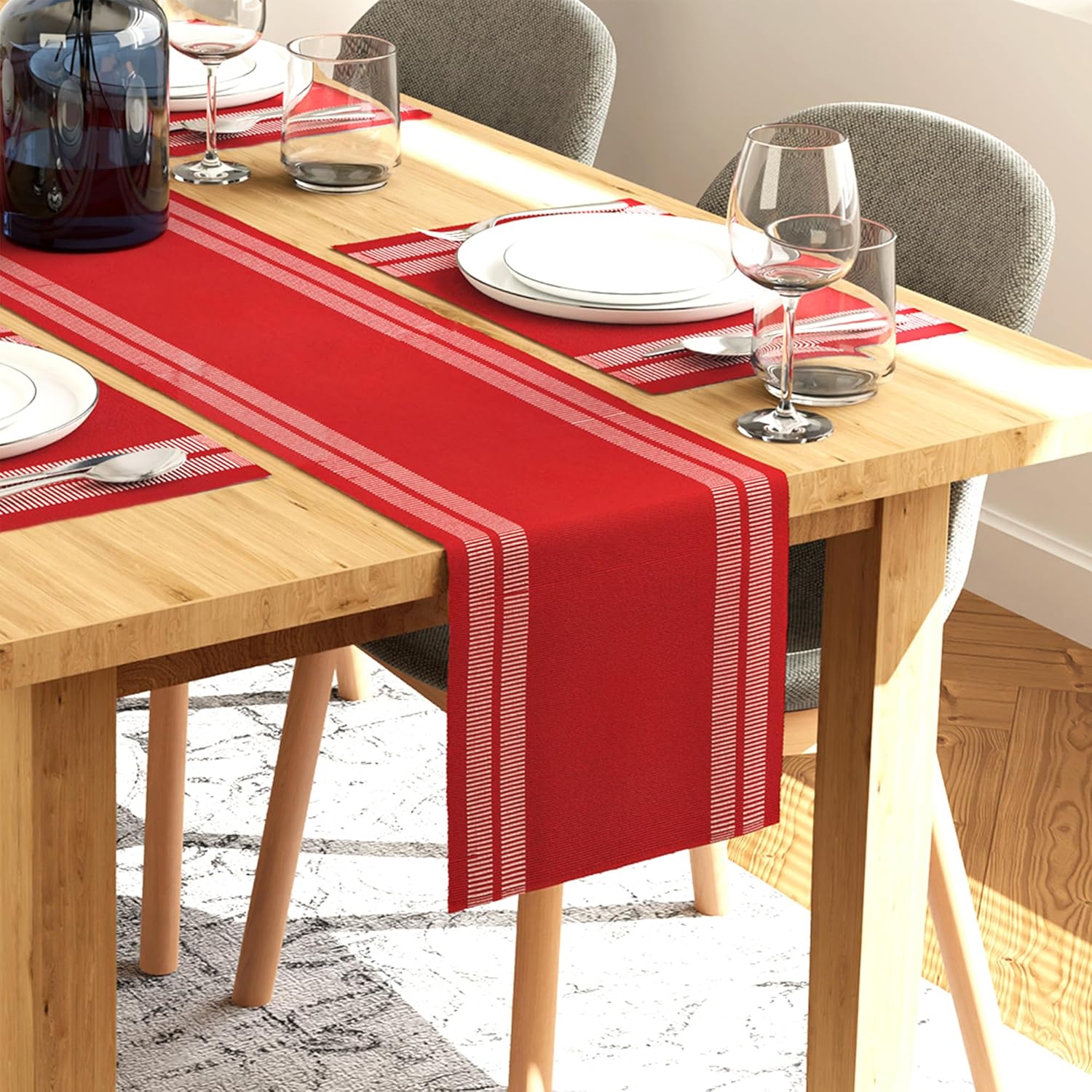 Encasa XO Table Runner and Placemats Set 6 | Fine Ribbed Cotton | Ladder Red | 1 Table Runner Size 13"x72" & Each Table Mat Size 19x13 Inch
