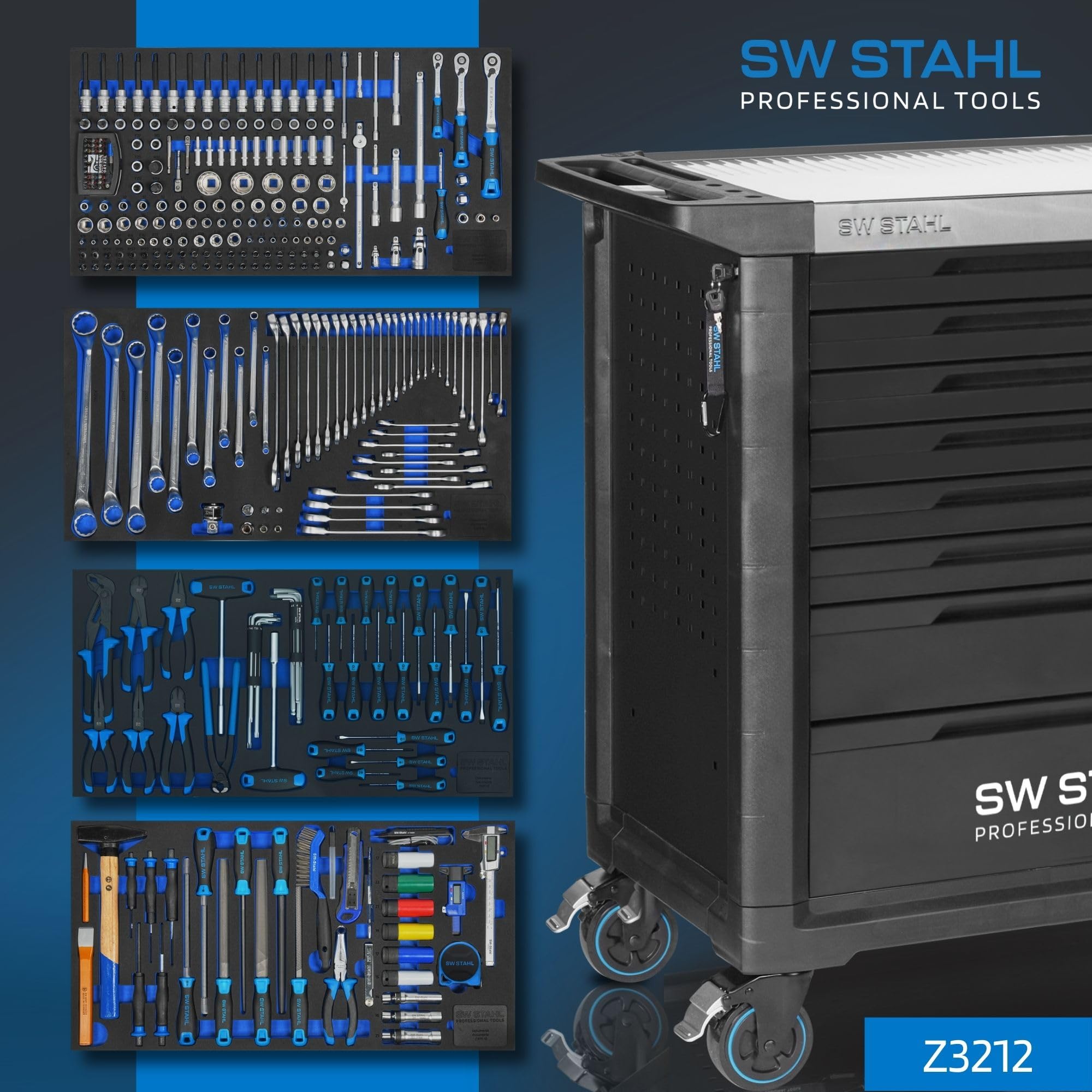 SW-Stahl Z3212 Profesjonalny Wózek Warsztatowy TT802 z Narzędziami, 338 el. | Wózek z wyposażeniem, 8 szuflad, stal nierdzewna, system Twin-Lock, kółka TPE, perforowane ścianki i uchwyty na akcesoria.