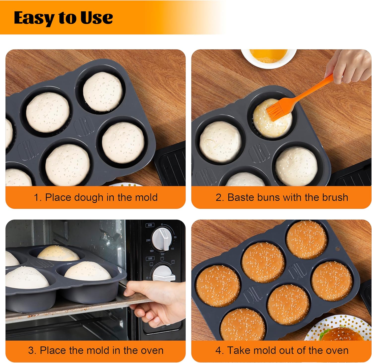 Hamburger Bun Pan, Non-Stick Silicone - Oven-Safe, Vented 6-Cavity Baking Mold, Dishwasher Safe with Basting Brush