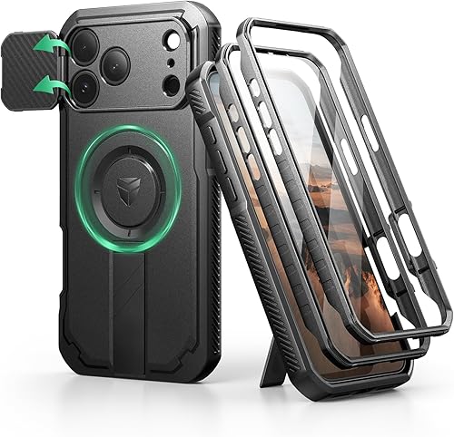 Vista 39 de Dexnor - Funda para iPhone 14 Pro Max con tapa deslizante para cámara, soporte ajustable y protector de pantalla integrado, carcasa magnética Negro