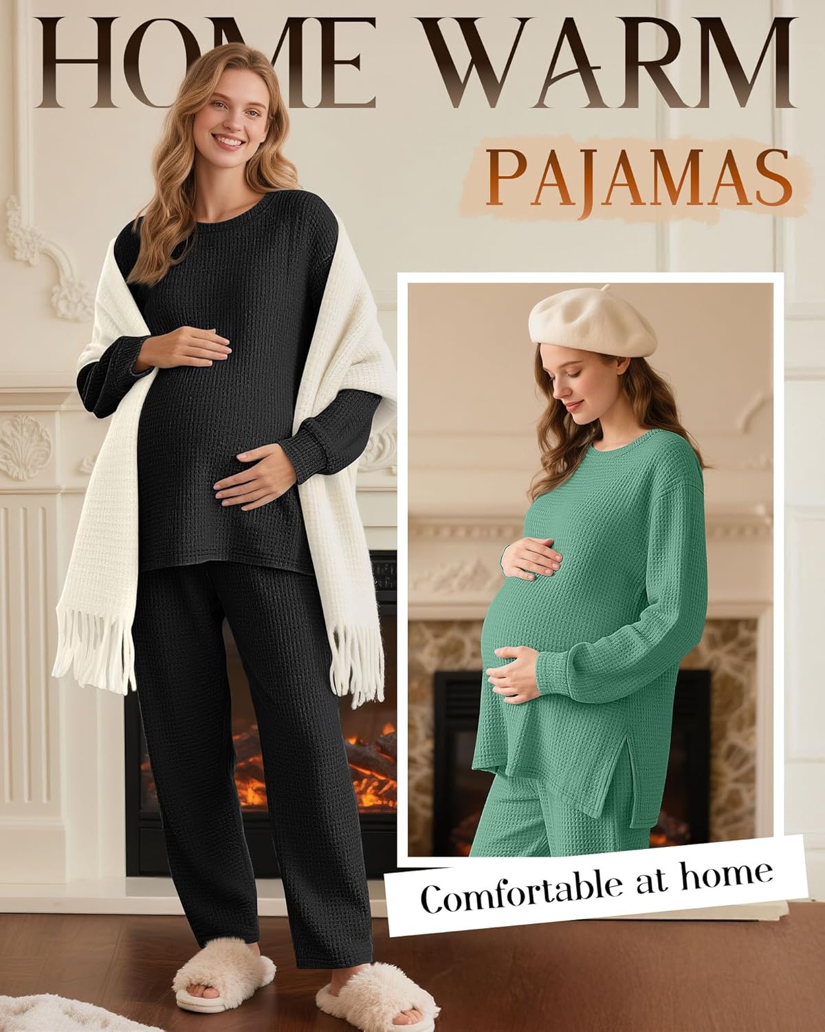 3 Pack Women's Maternity Shirts Long Sleeve Waffle Knit Side Split Oversized Tops Pregnancy Clothes Fall Tees(Brick Red, Pine Green, Black,X-Large) - Image 3