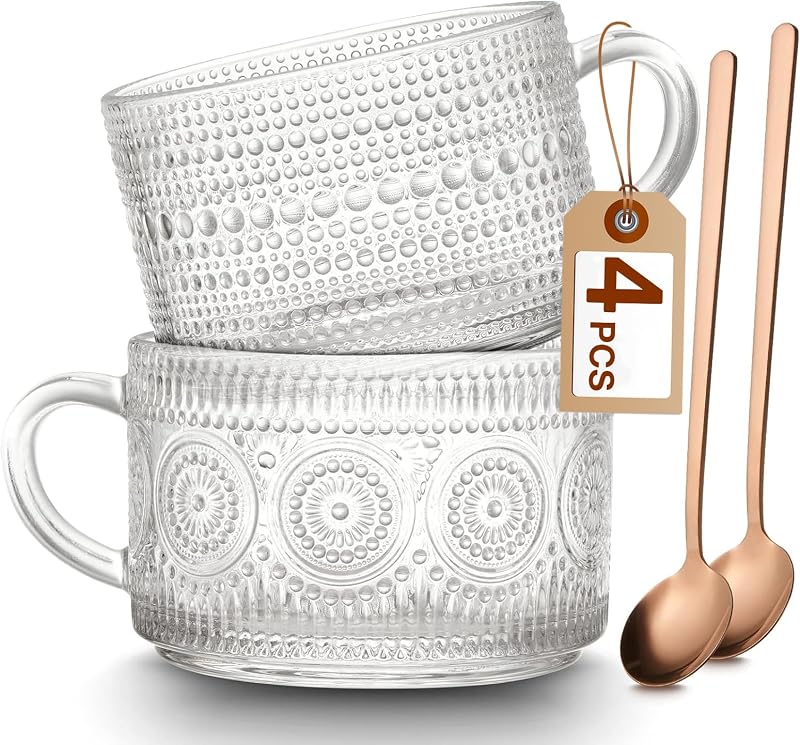 Vintage Coffee Mugs Set of 2, 14 oz Embossed Glass Cups with Handle, Clear Cups for Cappuccino, Latte, Cereal, Yogurt, Milk, Hot or Cold Beverages