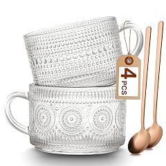 Mfacoy Vintage Coffee Mugs Set of 2 14 oz Embossed Glass Cups with Handle Clear Cups for Cappuccino
