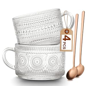 Mfacoy Vintage Coffee Mugs Set of 2 14 oz Embossed Glass Cups with Handle Clear Cups for Cappuccino