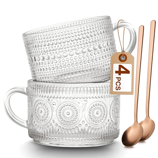 Mfacoy Vintage Coffee Mugs Set of 2 14 oz Embossed Glass Cups with Handle Clear Cups for Cappuccino