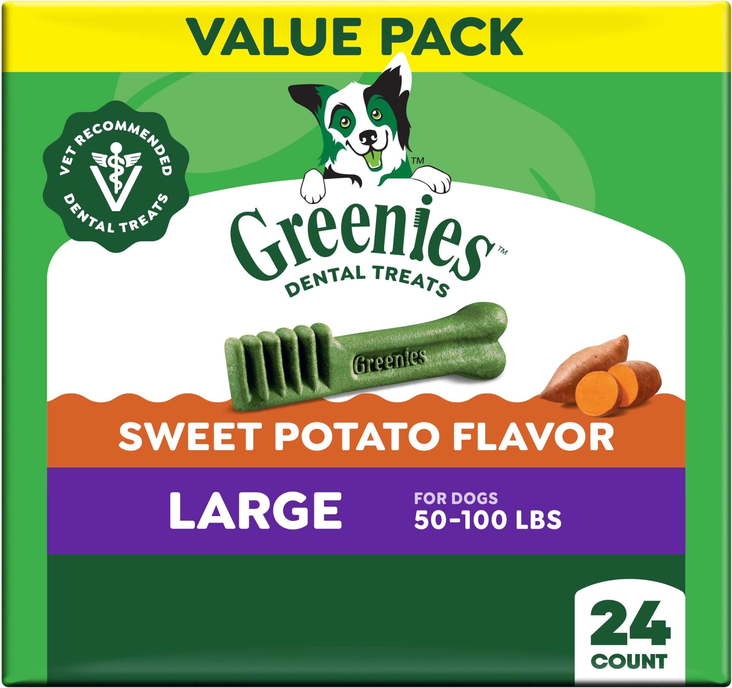 Greenies Dog Treats, Veterinarian-Recommended Natural Dental Dog Treats, Large Size, Sweet Potato Flavor, 36 oz. Pack, 24 Count