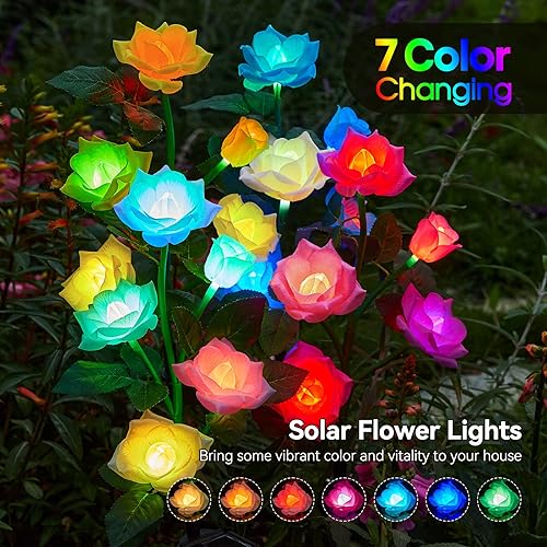KOOPER Paquete de 6 luces solares para decoración de jardín al aire libre, 7 flores solares que cambian de color al aire libre, impermeables, con 30