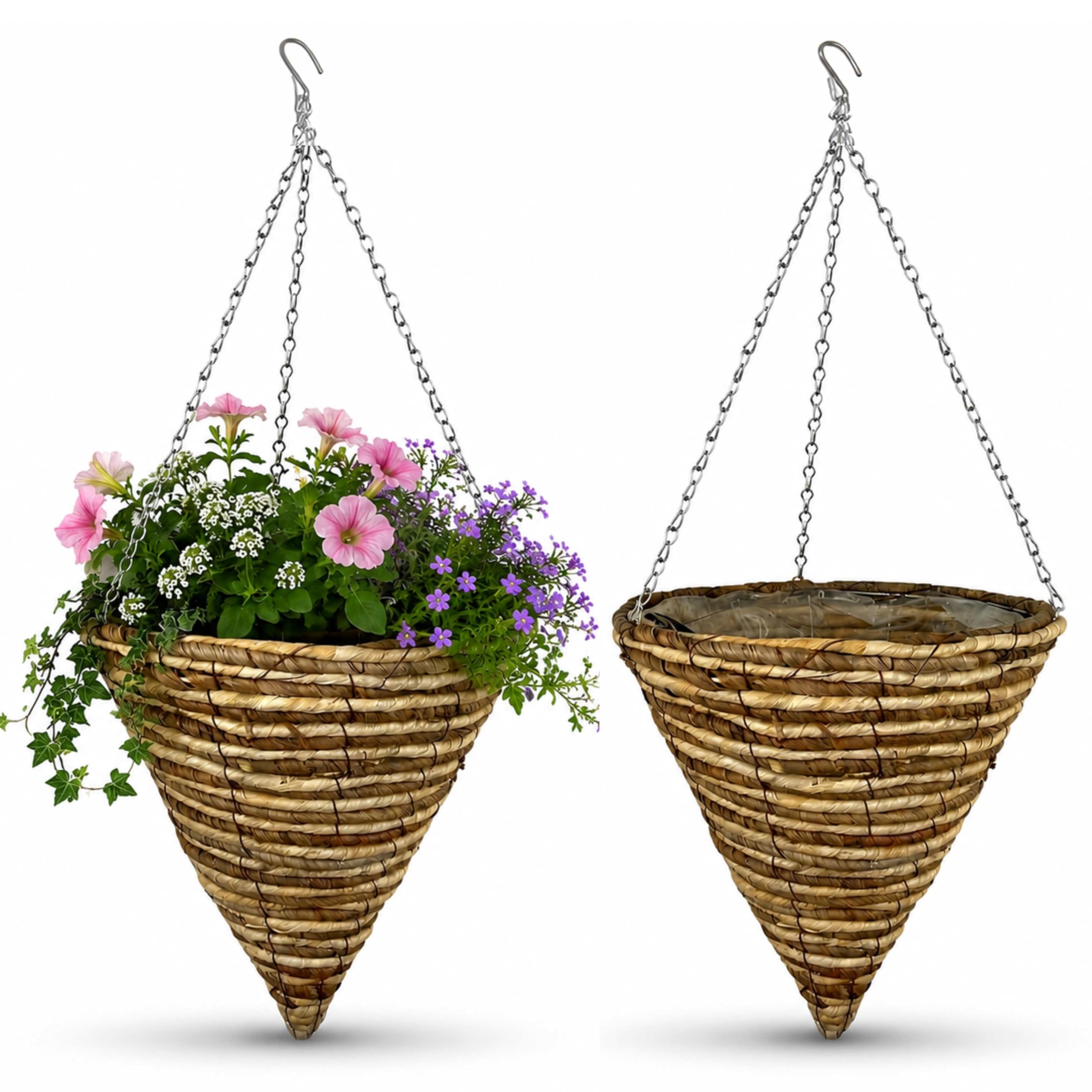 ADEPTNA Set of 2 Cone Garden Hanging Baskets 14 Inches - Natural Basket Hanging Plants Wall Flower Planter Pot with Detachable Hanging Chain for Home Garden Decoration (14" ROPE BASKETS) โ image 1