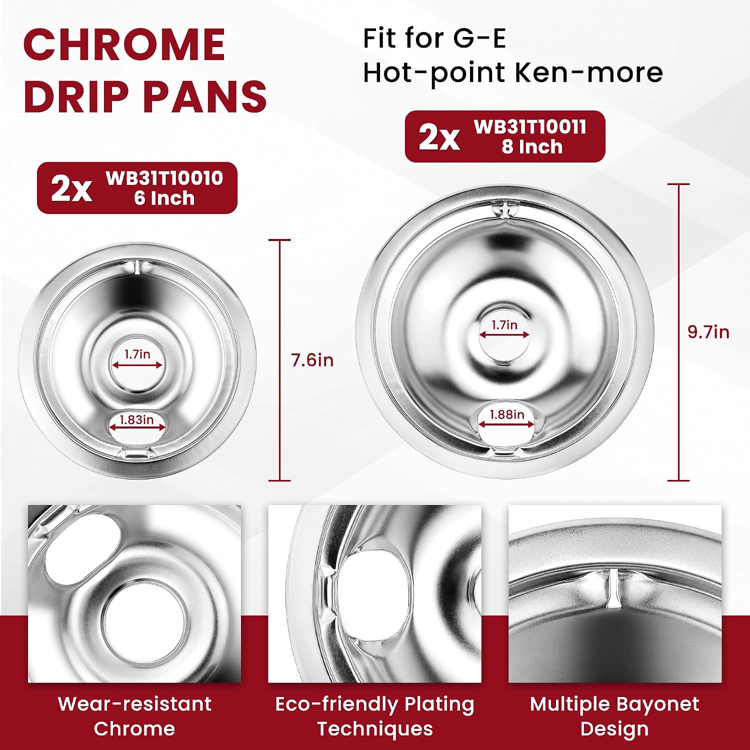 Chrome Range Drip Pans WB31T10010 WB31T10011 & WB30M1 WB30M2 Electric Stove Burners & WB17T10006 Terminal Block Kit, Burner Drip Pans Fit for G-E Hot-Point Electric Range Burner Set by Fetechmate