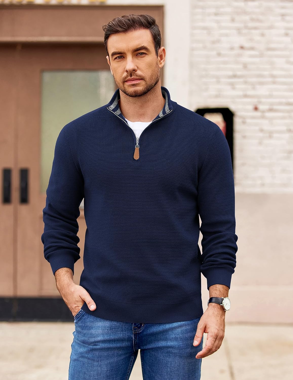 COOFANDY Mens Quarter Zip Pullover Sweater Casual Mock Neck Knit Polo
