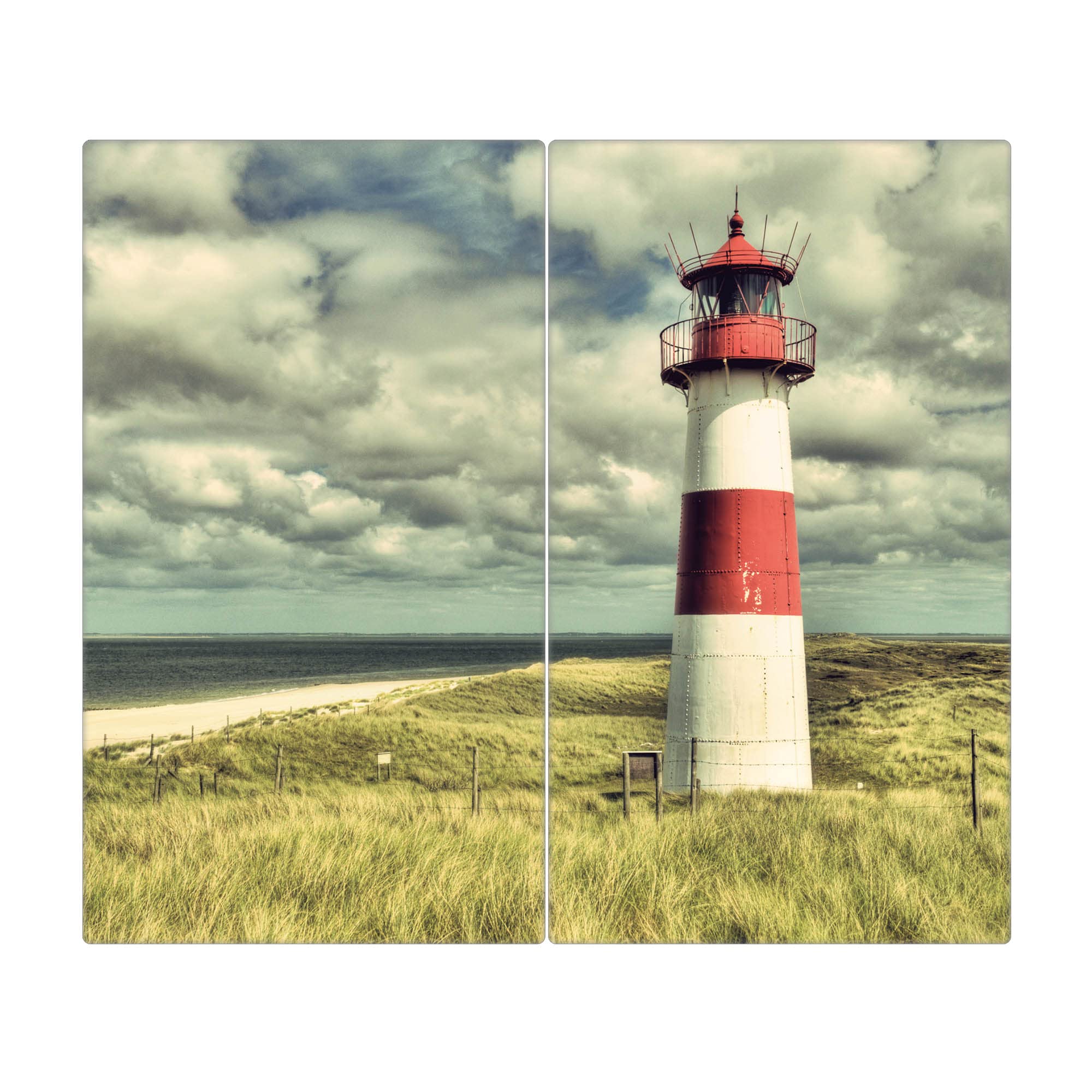 banjado Herdabdeckung Ceranfeld 2-teilig 60x52 cm, Schneidebrett Herd und Spritzschutz Küche aus gehärtetem Glas, maritime rutschfeste Kochfeld Abdeckung Leuchtturm mit Motiv Leuchtturm Sylt