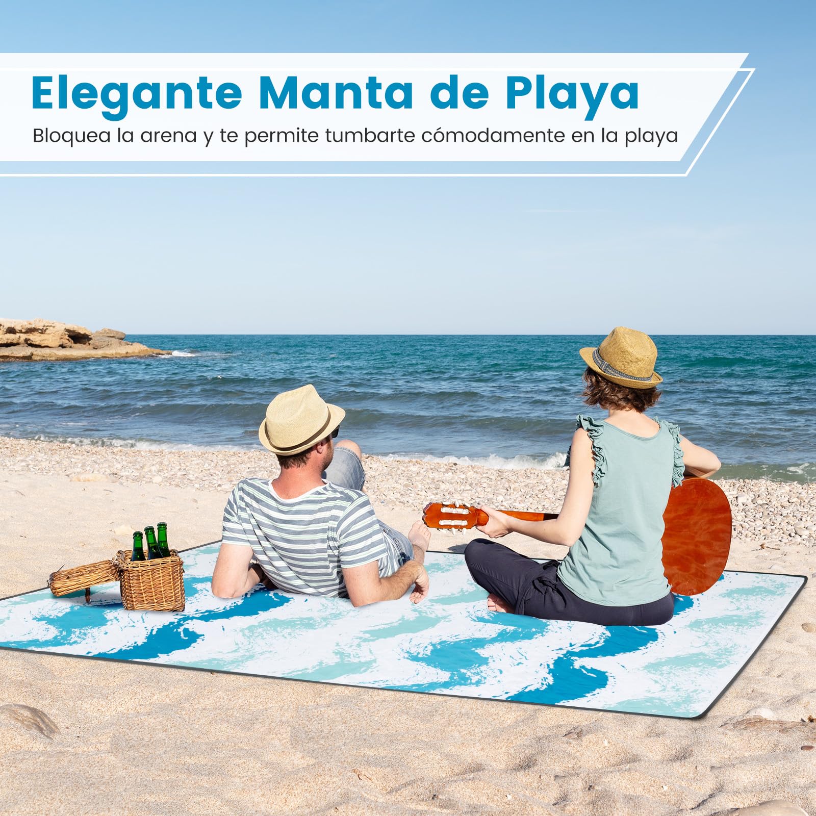 GOPLUS Conjunto de Playa de 4 Piezas, φ 190 Sombrilla con Inclinación Ajustable, 2 Sillas Plegable con Bolsa de Almacenamiento y 1 Manta, Bolsa de Transporte, Juego para Picnic, Camping (Azul)