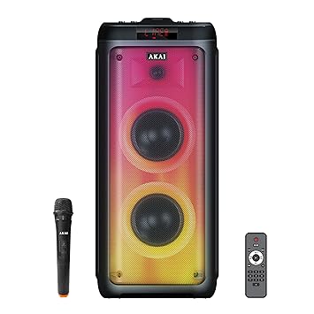 AKAI Bluetooth Power Speaker 100 W RMS Sound - Party Speaker for Home Theatre - Up to 5 hrs Playtime - Supporting Wireless Mic with Recording, Karaoke, TWS, BT, Guitar & AUX Input, & USB/TF Card