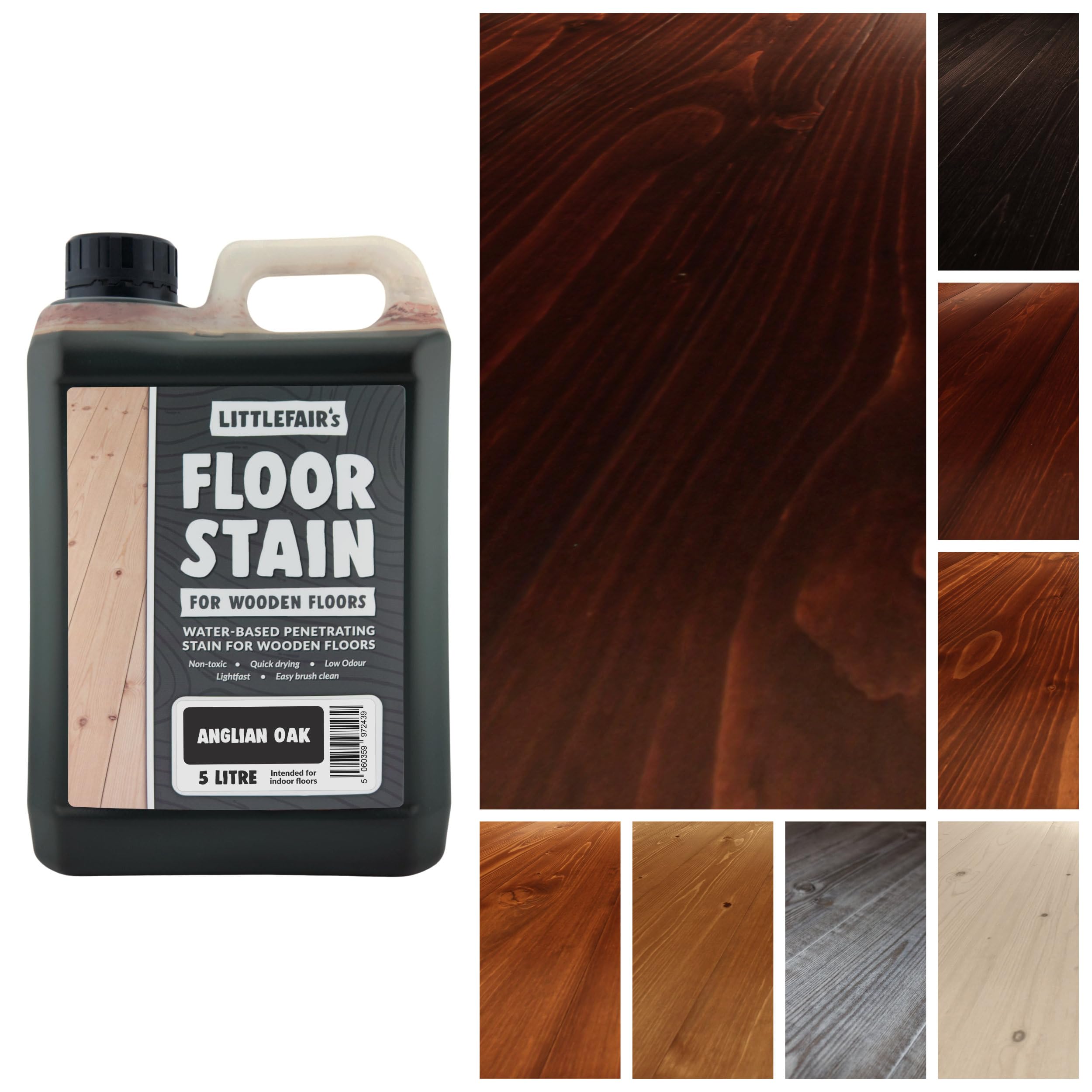 Littlefair's Wood Floor Stain Water-Based (Anglian Oak) - Quick Drying, Non-Toxic, Eco-Friendly & Low Odour - 5ltr