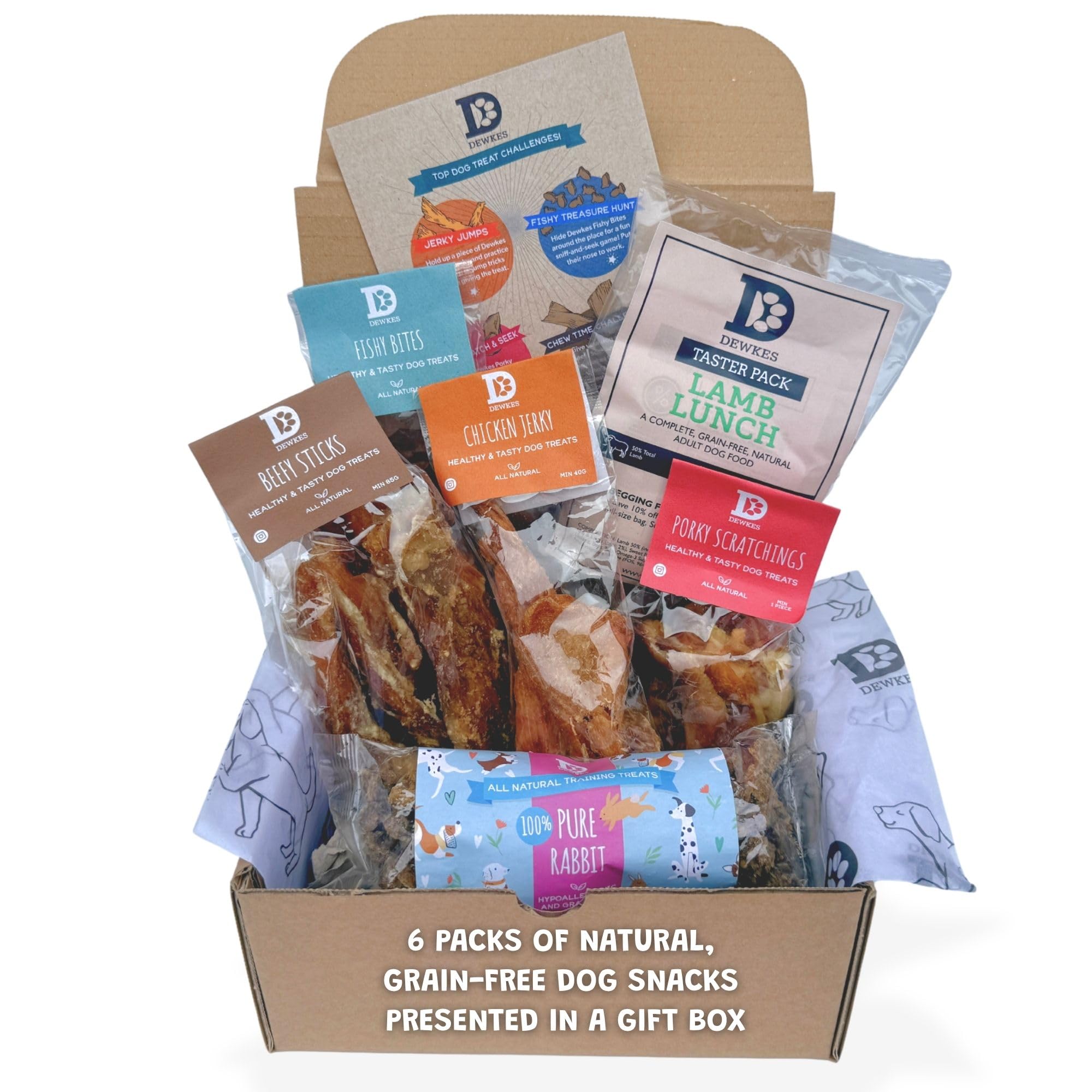 Dewkes Natural Dog Treat Box - Birthday Box | Grain-Free & Hypoallergenic | Beefy Stick, Chicken Jerky, Porky Scratchings, Fishy Bites, Pure Meat Treat, Food Taster Pack | Dog Birthday Present
