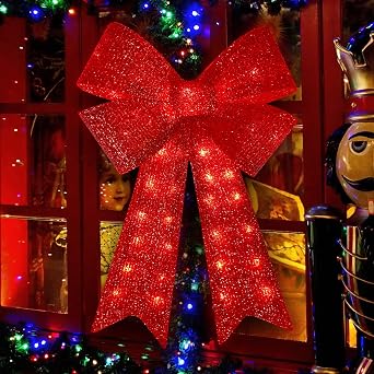 60cm24in 40LED Christmas Tree Topper Decorative Bows, Christmas Glitter Red Bows for Indoor Outdoor