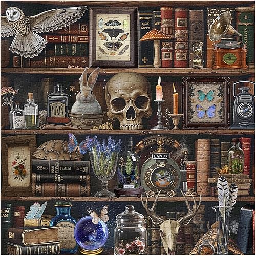 Miniatura 2 de Rompecabezas de estantería para adultos de 1000 piezas, rompecabezas gótico vintage de biblioteca, calaveras mágicas, libros, velas y mariposas