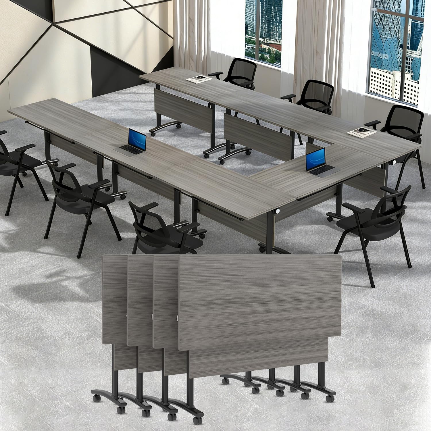 Folding Conference Tables,Flip Top Conference Room Table Mobile Training Tables for 8-10 People,Meeting Table with Silent Wheels for Office Seminar Classroom Tables(4,Elm Color,70.8in)