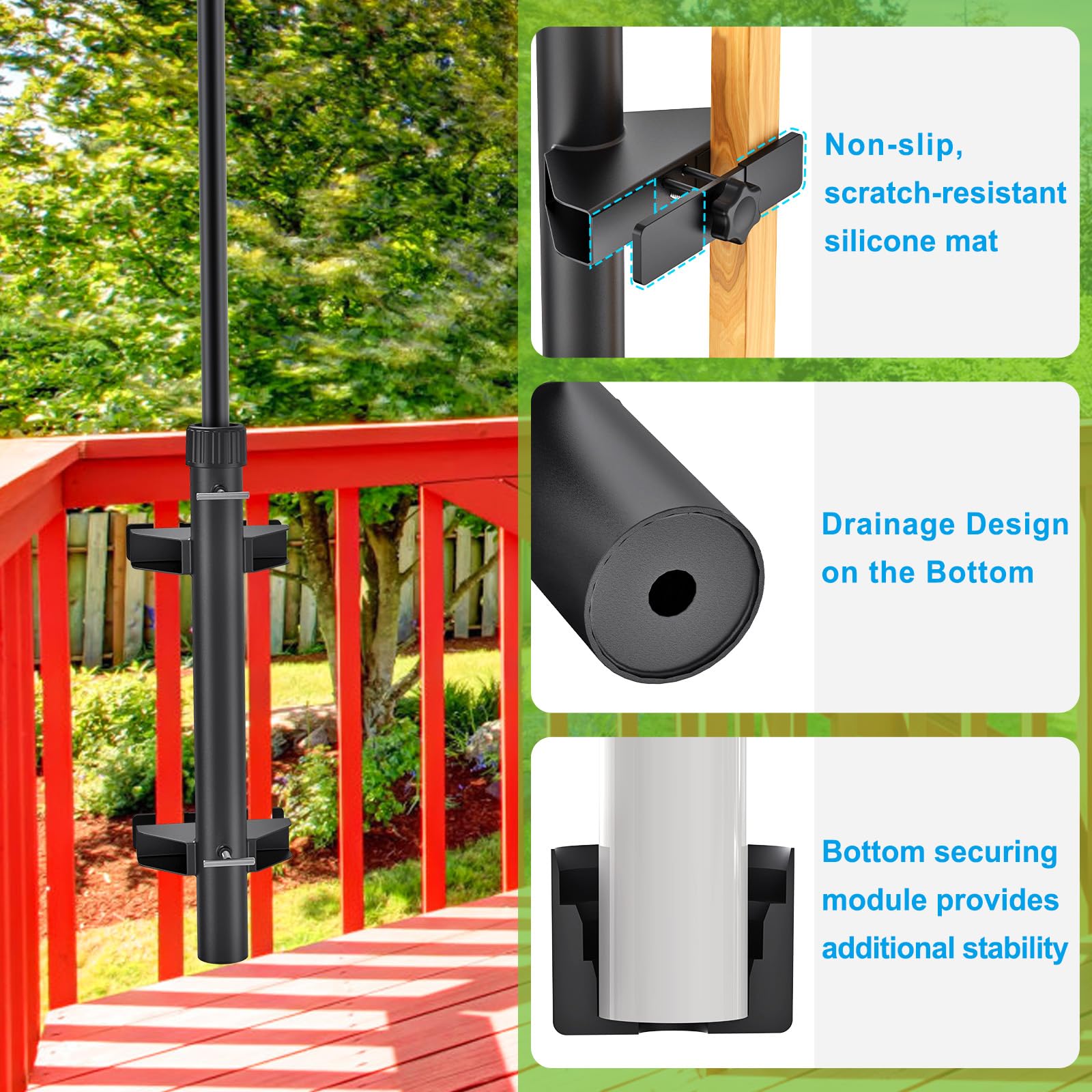 Dolibest Abrazadera para sombrilla para balcón, patio, soporte de tubo para valla, soporte de montaje en cubierta, clip de fijación ajustable para sombrilla de sol, ahorro de espacio con 3 mangas para