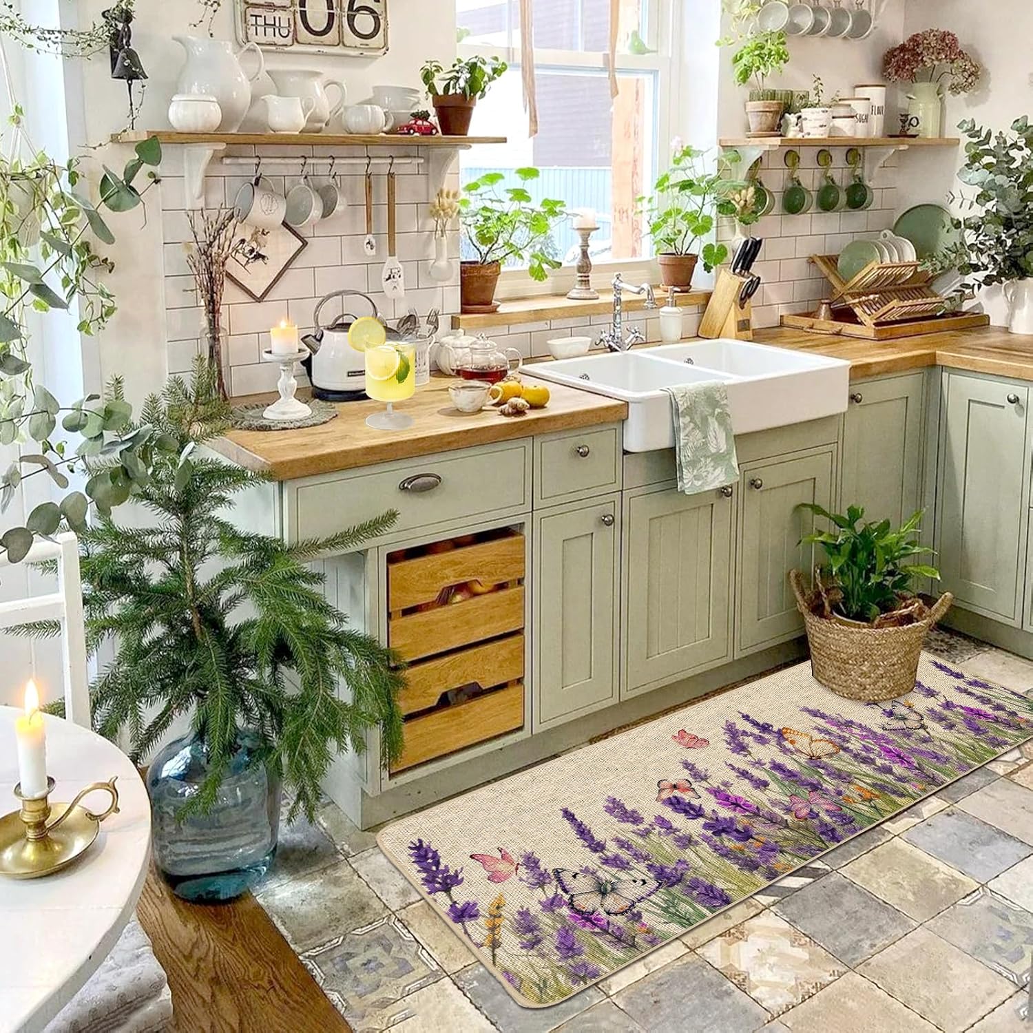 Baccessor Lavender Kitchen Mats Set of 2, Spring Summer Purple Flowers Floral Dragonflies Kitchen Rug Absorbent Non Slip Sink Floor Long Runner Mat Farmhouse Home Decoration 17x29 and 17x47 Inch