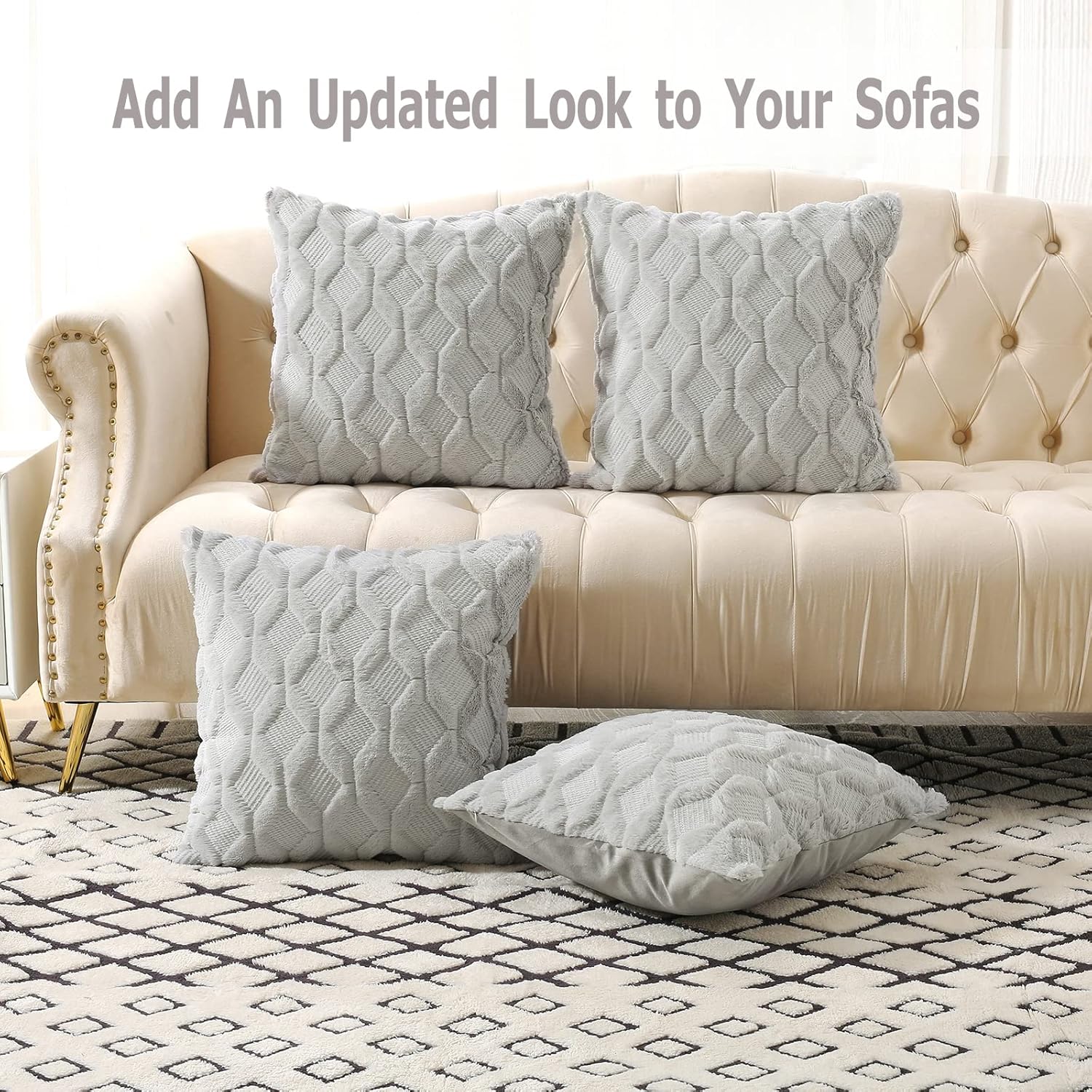 Volcanics Pack of 2 Faux Wool Throw Pillow Covers 20x20 Inches Decorative Farmhouse Velvet Couch Pillow Case Soft Plush Square Boho Cushion Pillowcase, Light Grey - Image 2