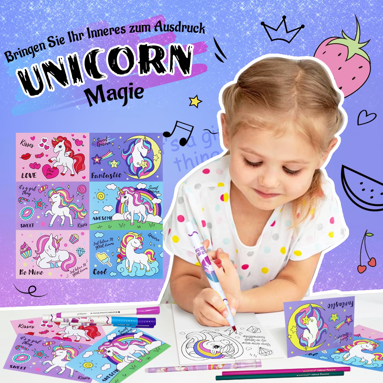 Weirtoya Lot De Marqueurs Lavables Parfumés Aux Fruits Avec Trousse à Crayons, Autocollants Et Livre De Coloriage, Jouets STEM, Cadeaux D'anniversaire Pour Filles De 4 à 9 Ans (arc-en-ciel