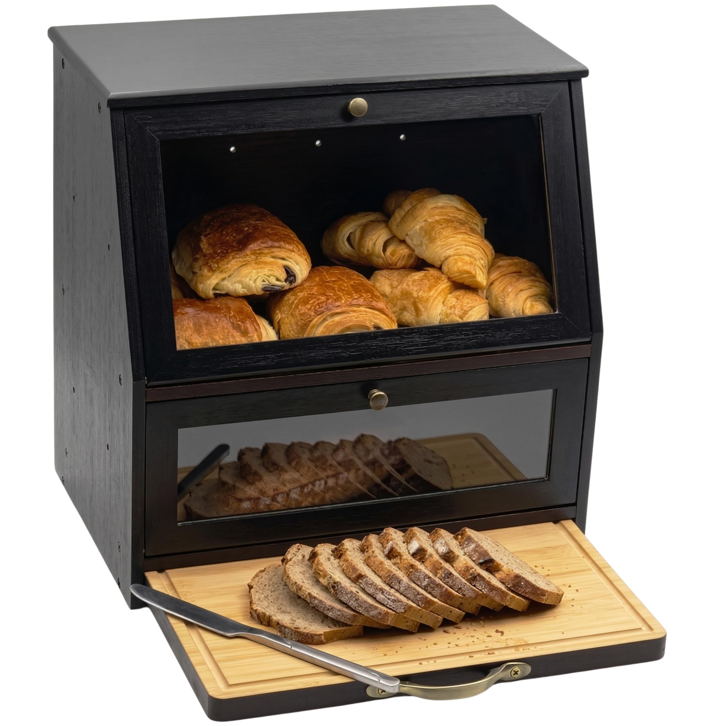 Brotkasten Holz im Vintage Landhaus-Stil – Große Brotaufbewahrungsbox mit 2 Etagen & Integriertem Schneidebrett – XXL Brotaufbewahrung Schwarz aus Bambus – Traditioneller Brotbehälter Frischhaltend