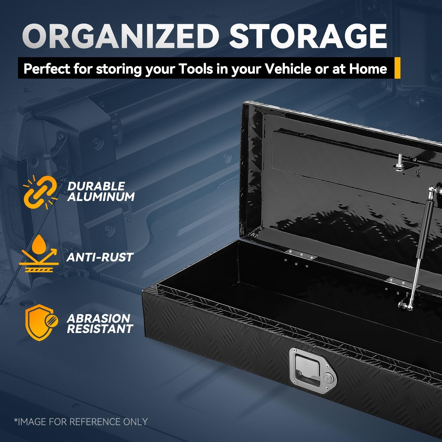 Auto Dynasty 34 Inch Aluminum Truck Bed Box Tool Underbody Box Truck Storage Organizer Chest with Lock and Keys for Pick Up Truck Bed, RV Trailer, 34" x 6.2" x 12.8'', Black