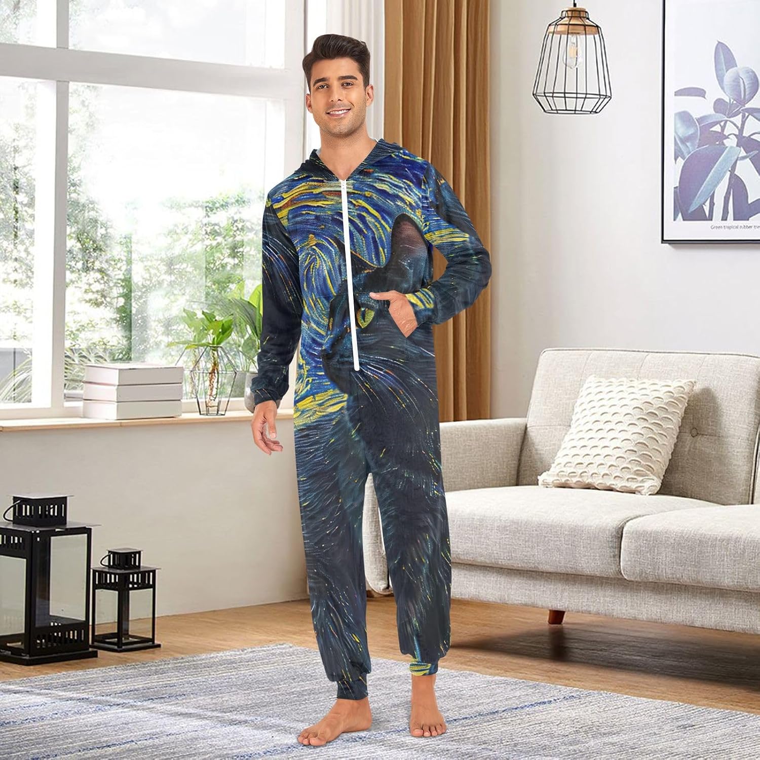 GAIREG Black Cat Starry Night Men Women Onesie Pajamas, Warm Adult Lounge Wear
