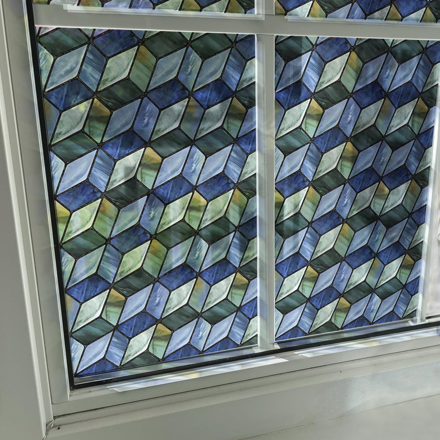 ChicSkin Hand Drawn Faux 3D Visual See Through Stained Glass Window Film, Watercolor Semi-Transparent Geometric Window Film Cling Vintage Home Decor,