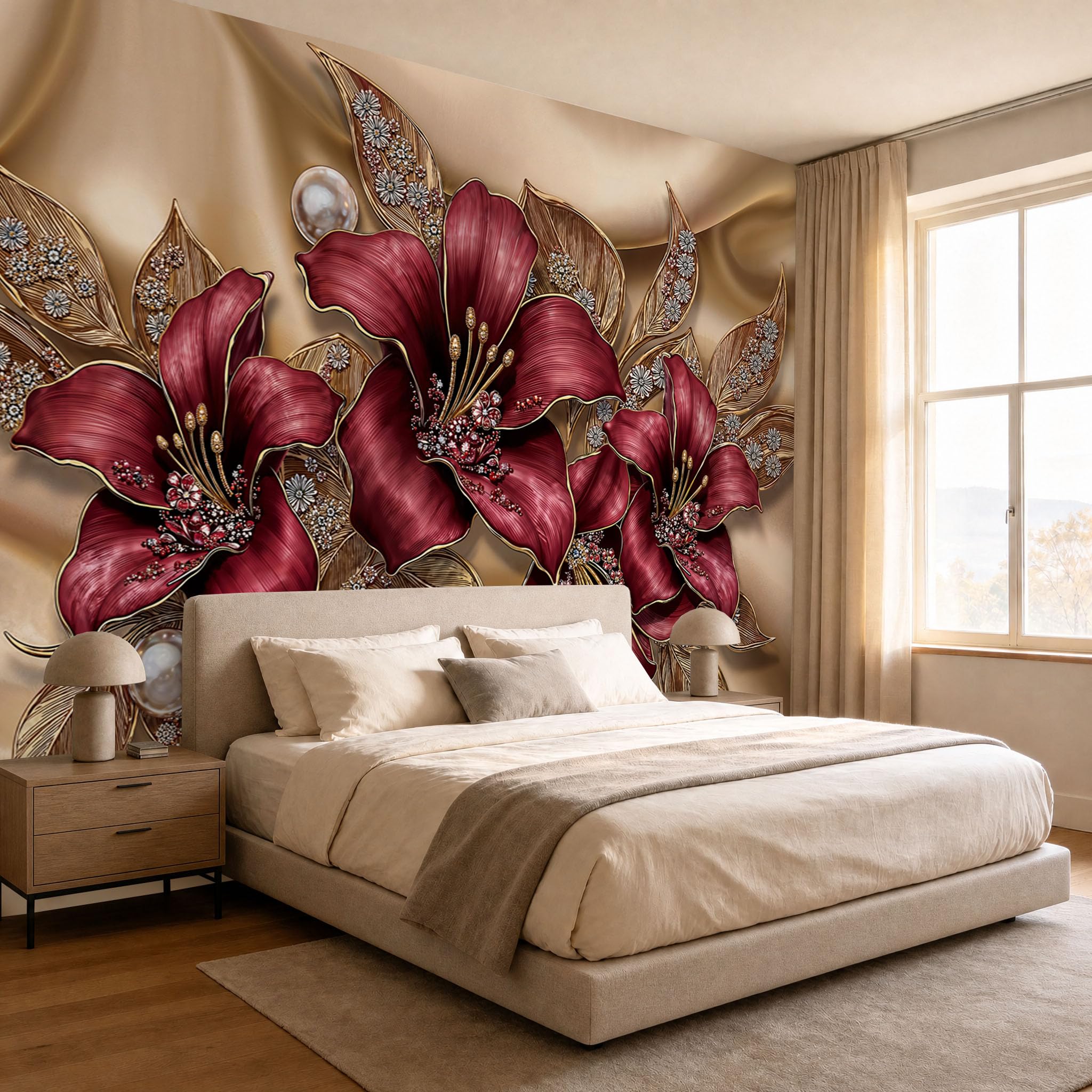 Retro-Blumenmuster Fototapete Schlafzimmer, 3D-Luxus-Lilienzweige Und -Blätter Seidentapete Wandtapete für Esszimmer Wohnzimmer E-Sport-Raum, Burgund Wanddeko - 300 x 210 cm
