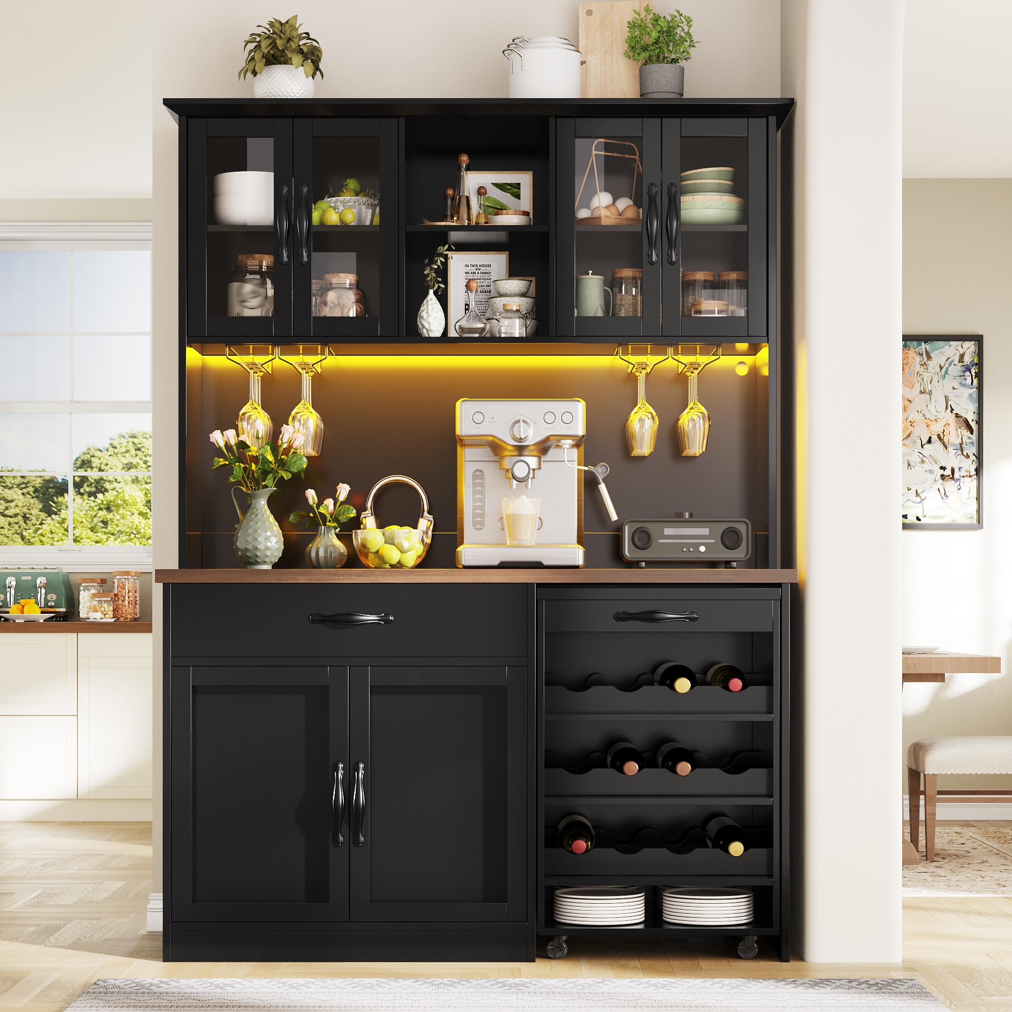 DHHU Meuble de Cuisine avec éclairage LED, Buffet Haut avec Chariot Amovible, 4 Portes en Verre avec Plan de Travail, Rangement Vin, 2 Tiroirs, Armoire de Rangement Haute pour Cuisine (Noir-4S)