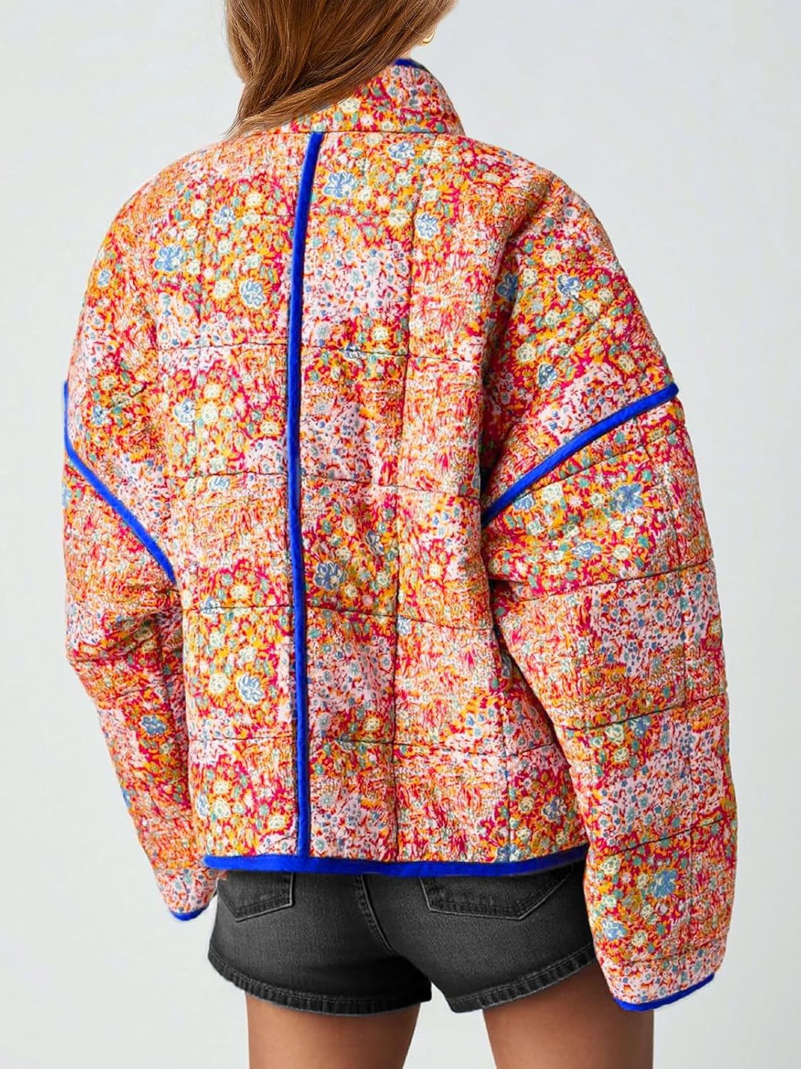 Tankaneo Womens Quilted Lightweight Jackets Floral Print Winter Coats Open Front Cardigan with Pockets - Image 3