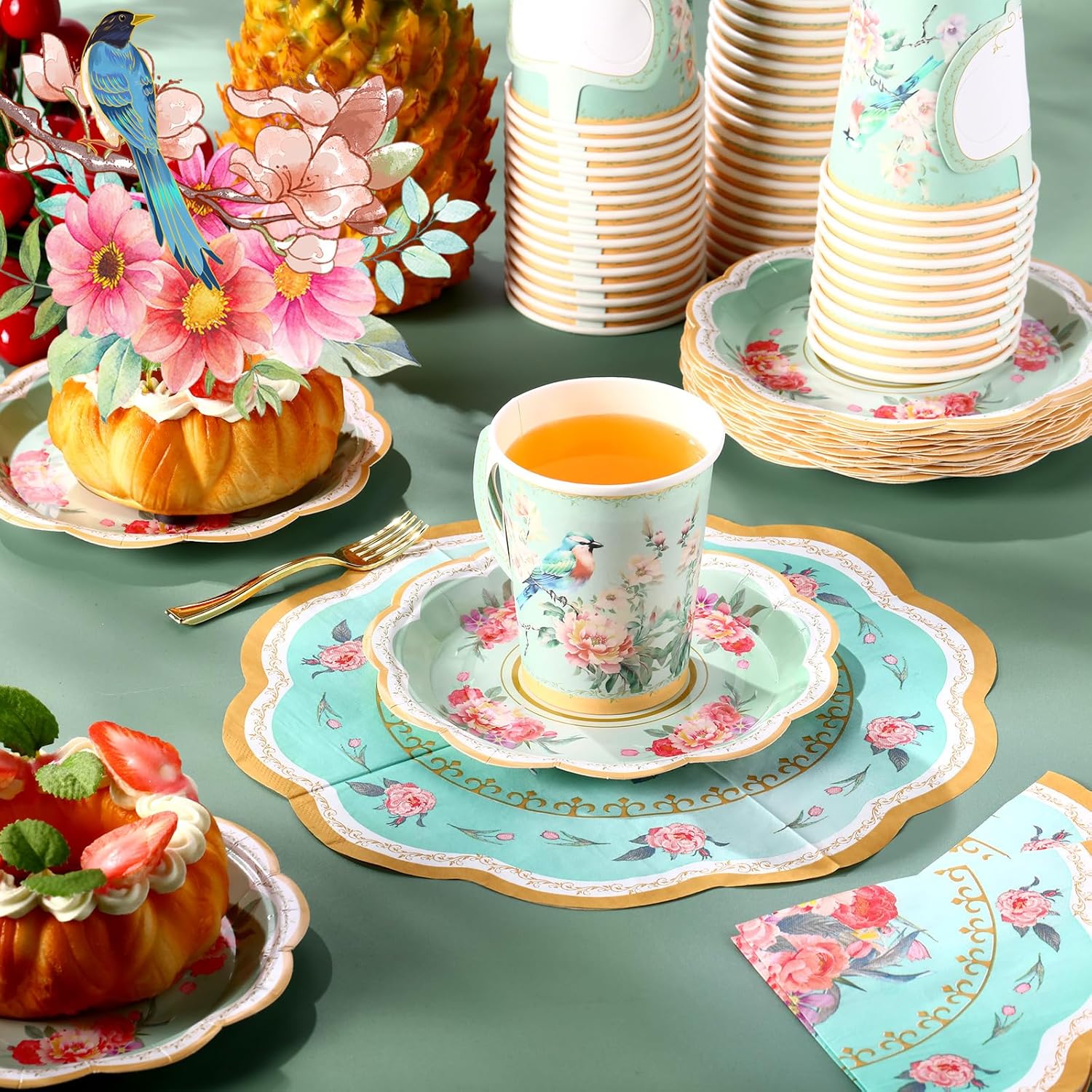 300 Pcs disposable paper tea cups for tea party Bulk, include 9 oz Floral Paper Tea Cup Set with Handle and Saucers 10" vintage Napkins for Floral Tea Party Wedding Baby Shower(Green)