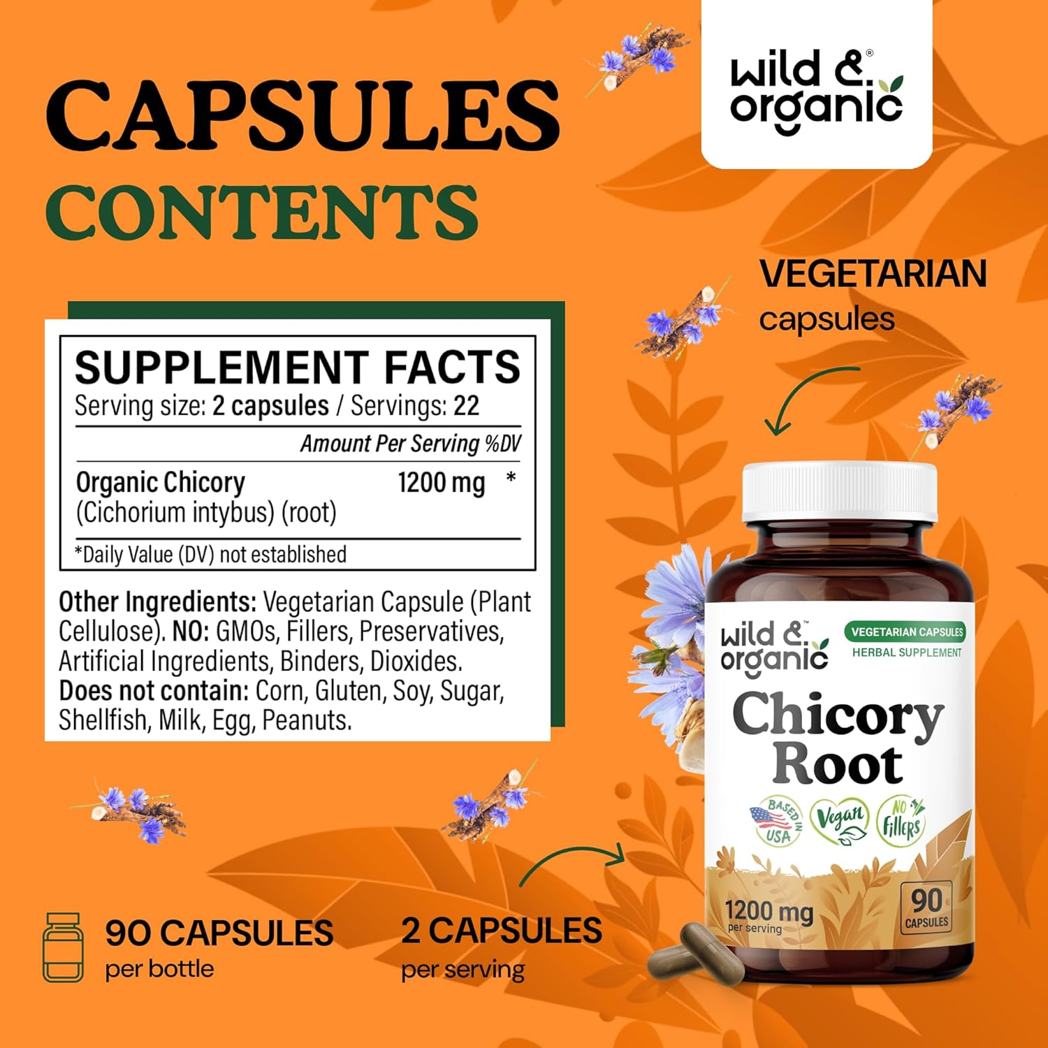 Wild & Organic Chicory Root Capsules - 1200 mg of Chicory Root Powder per Serving - Digestive & Gut Support - Inulin Fiber Prebiotic Supplement - Non-GMO, Vegan Inulin Capsules - 90 Count - Image 3
