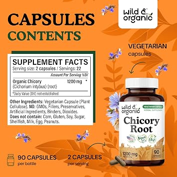 Wild & Organic Chicory Root Capsules - Digestive & Gut Support - 90 Count