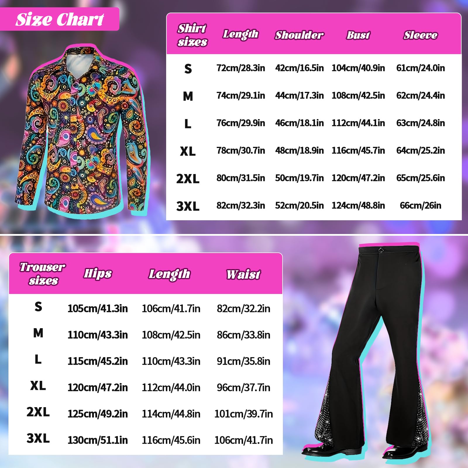 JDFAIJEAL Disco Hippie Costume Set for Adults- Retro 70s-80s Style Outfit with Shirt, Pants, Afro Wig - Image 4