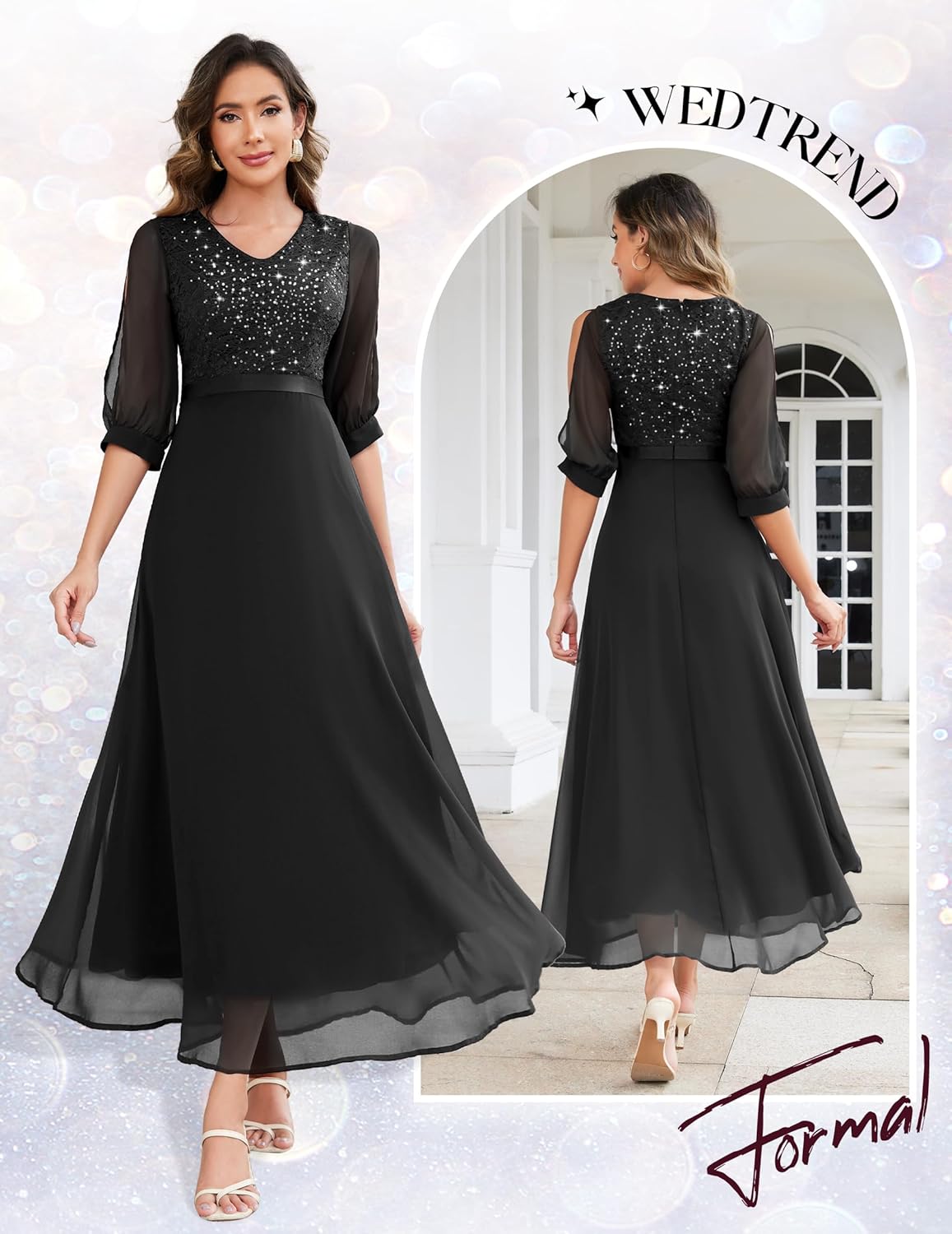 Wedtrend Women's Sequin Dresses Sparkly Glitter Dress Split Sleeves Formal Dresses Maxi Evening Dress - Image 4