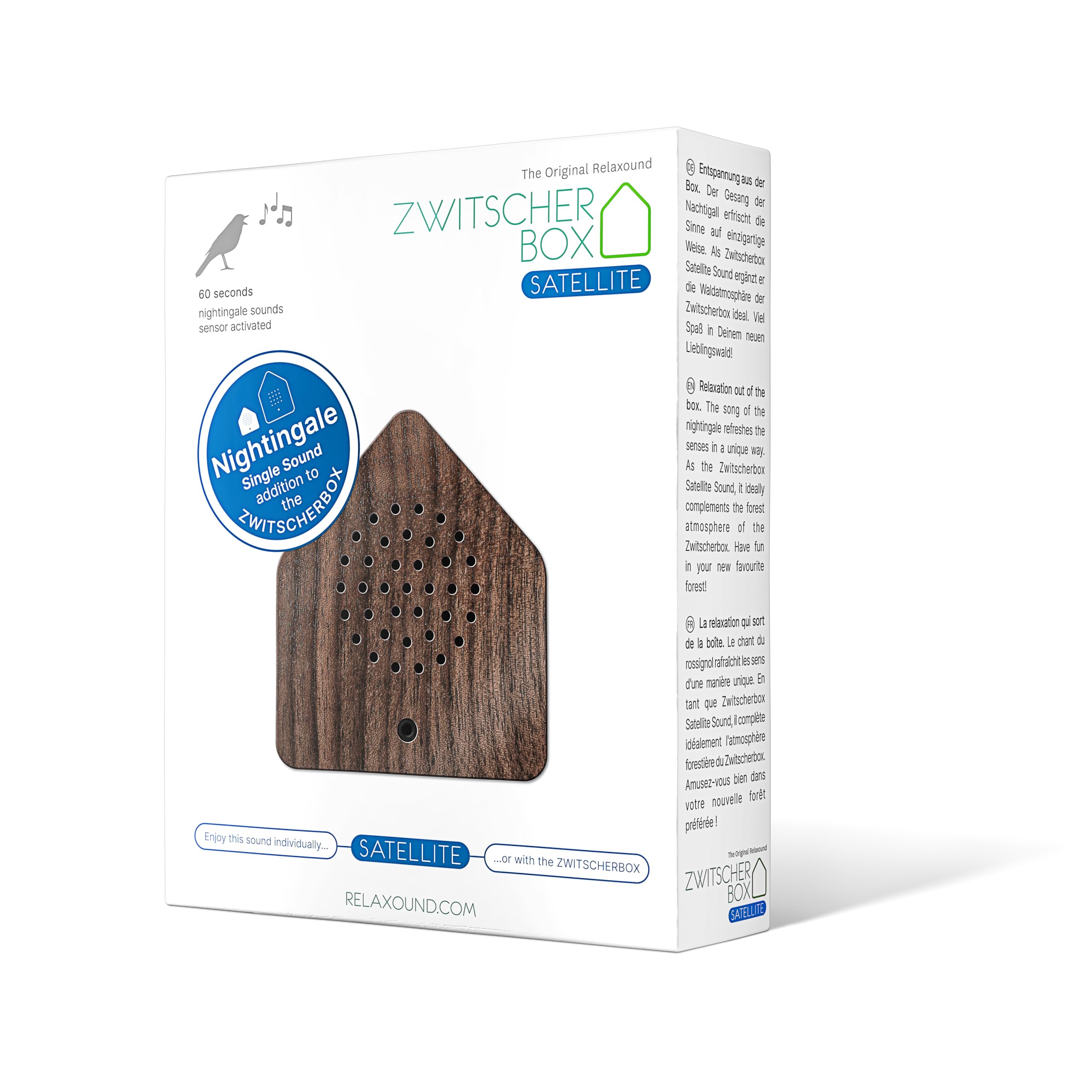 RELAXOUND Zwitscherbox Satellite Nightingale Noce – Moderna scatola canto degli uccelli – Rilassante canto degli uccelli – Rilevatore di movimento con suono – Soundbox